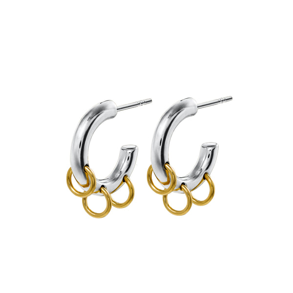 Die Lucky Ohrringe sind kleine silberne Kreolen gefertigt mit mehreren vergoldeten Kreisen entlang des Ohrrings. Diese handgefertigten Ohrringe haben einen Durchmesser von ca. 1,7 cm. Sie sind aus Sterlingsilber gefertigt.